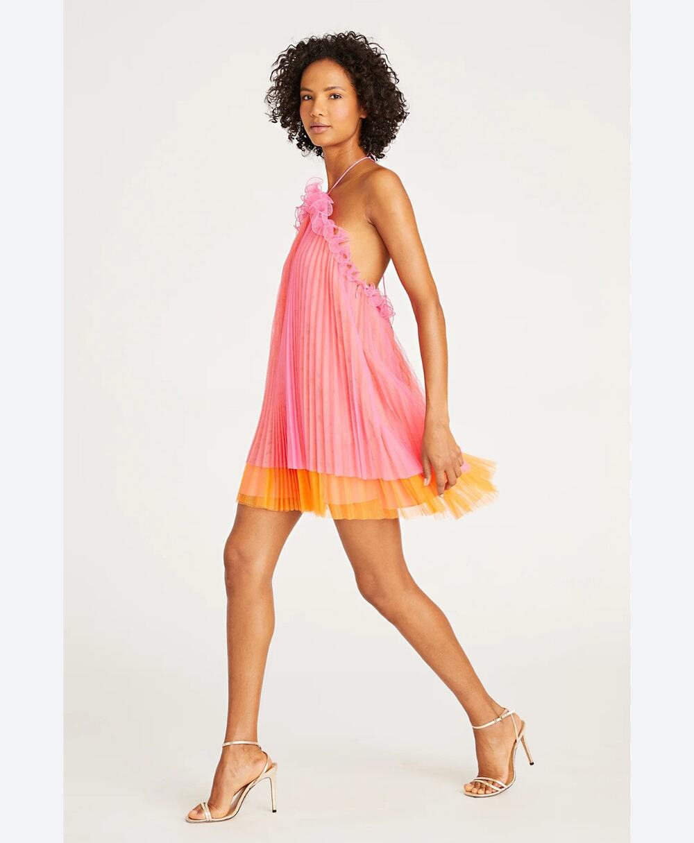 NWT Amur Tate Hot Pink & Orange Pleated Tulle Halter Mini Dress